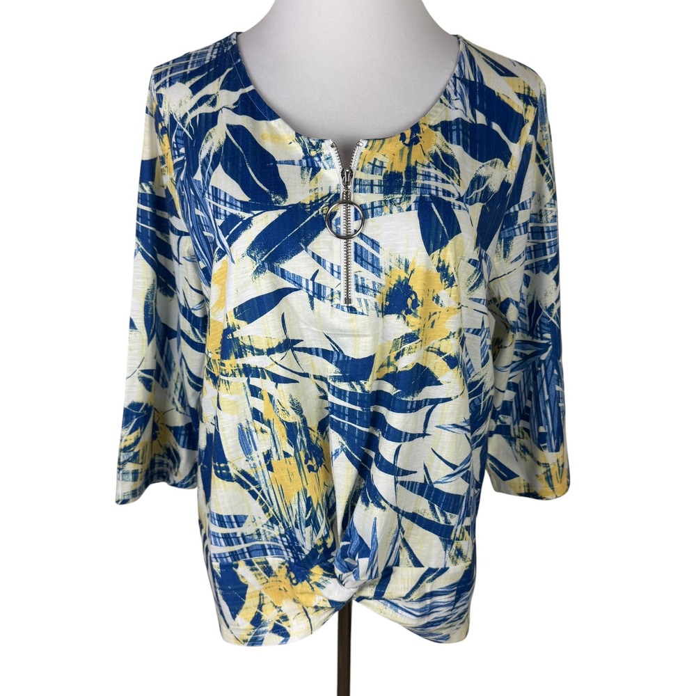 Onque Casual Blue Yellow‎ Tropical Leaf Twist Front O-Ring Zip Top Women's XL
